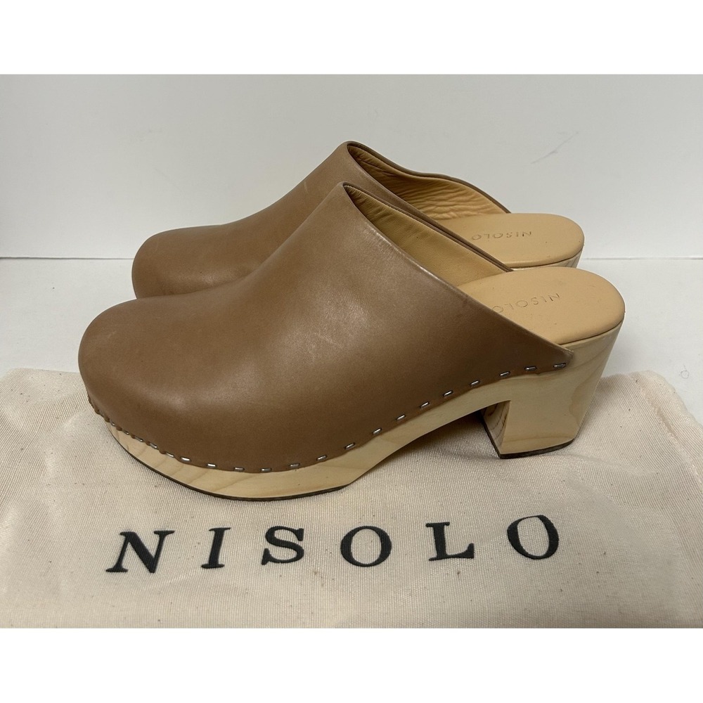 Nisolo Clog Womens Size 9 Almond Heeled Shoes Leather Wood Platform Block Heel